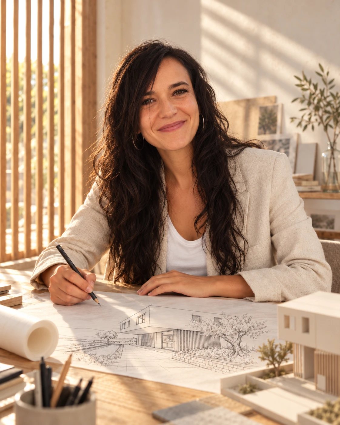 Cristina Blázquez en su mesa de trabajo, dibujando a lápiz el boceto de una casa, con luz de tarde entre lamas de roble