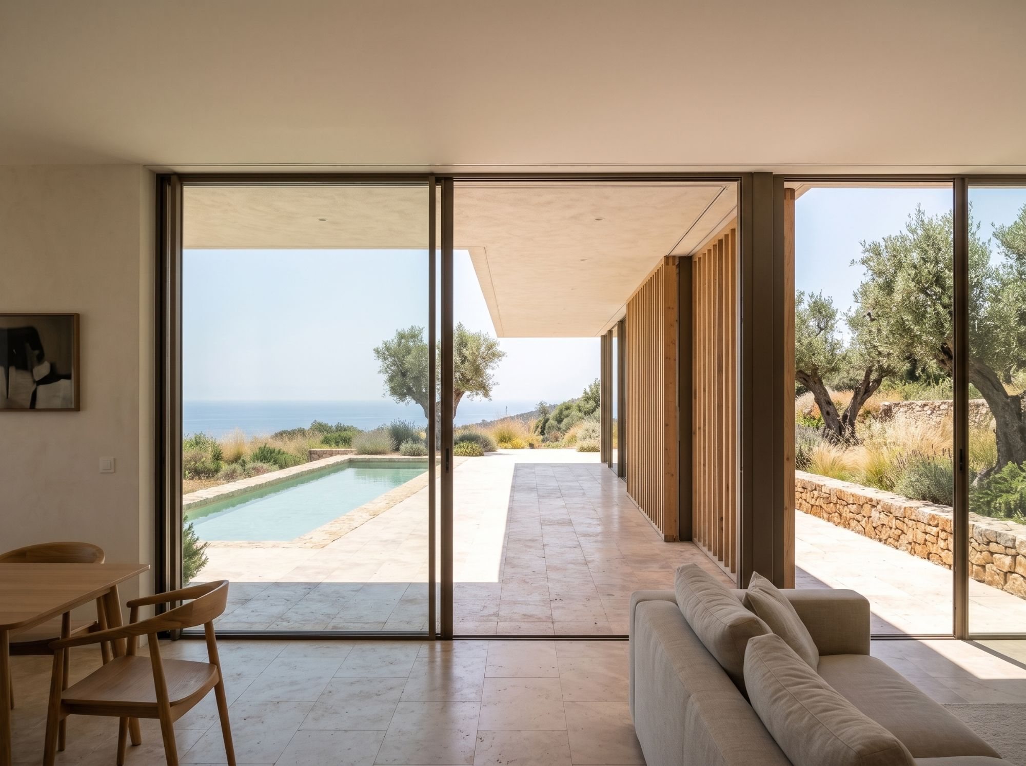 Salón a la sombra en verano, con el sol solo en la terraza