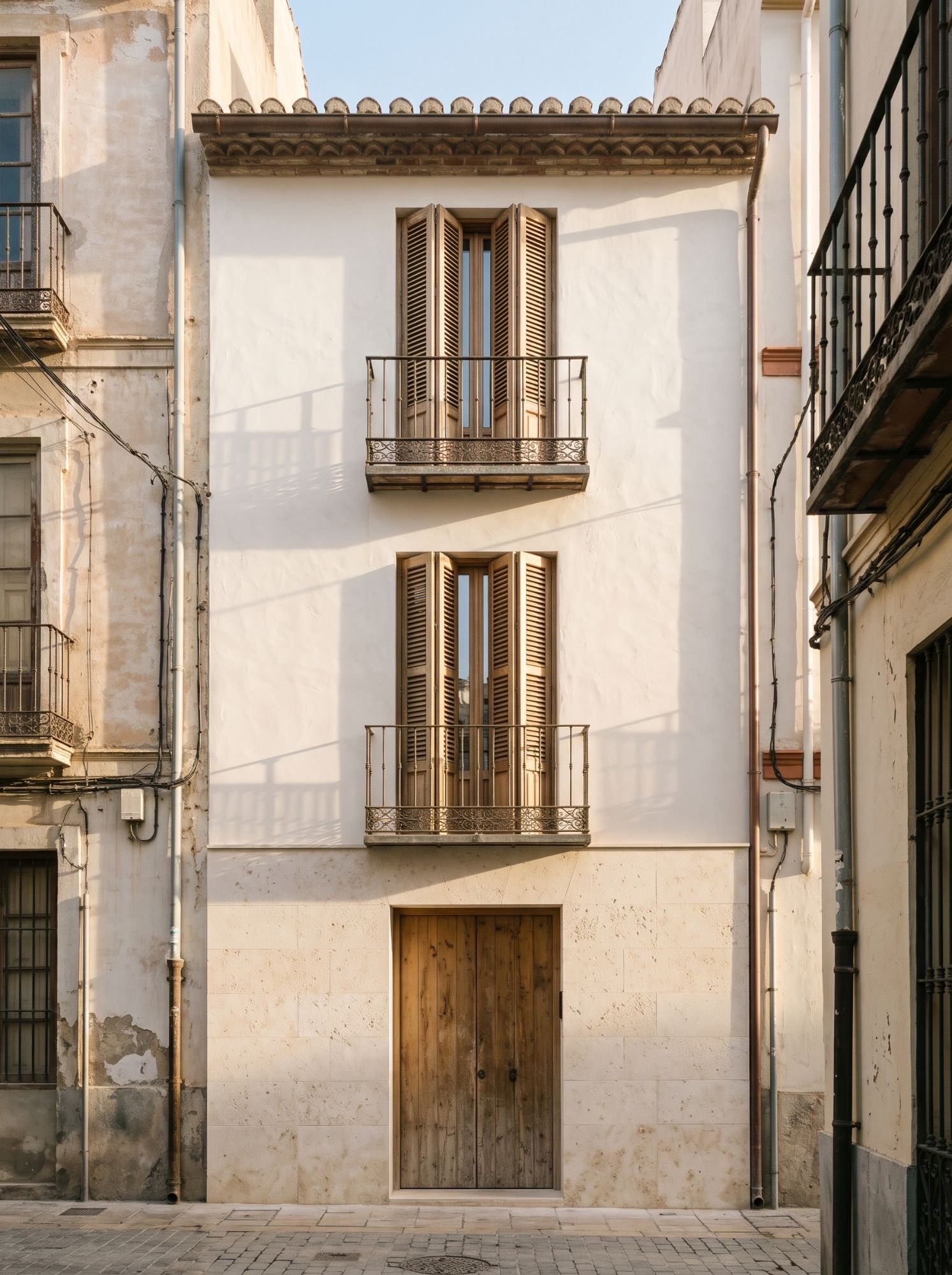 Fachada rehabilitada de una casa estrecha entre medianeras en el centro de Málaga